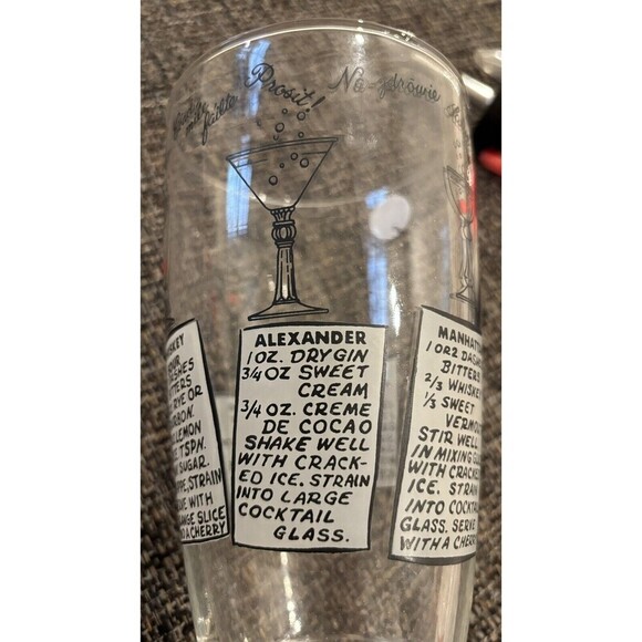 Retro Vintage-Feel Bar Cocktail Mixing Glass w/6 Recipes 7” Tall W/bottle Tops - Picture 6 of 9